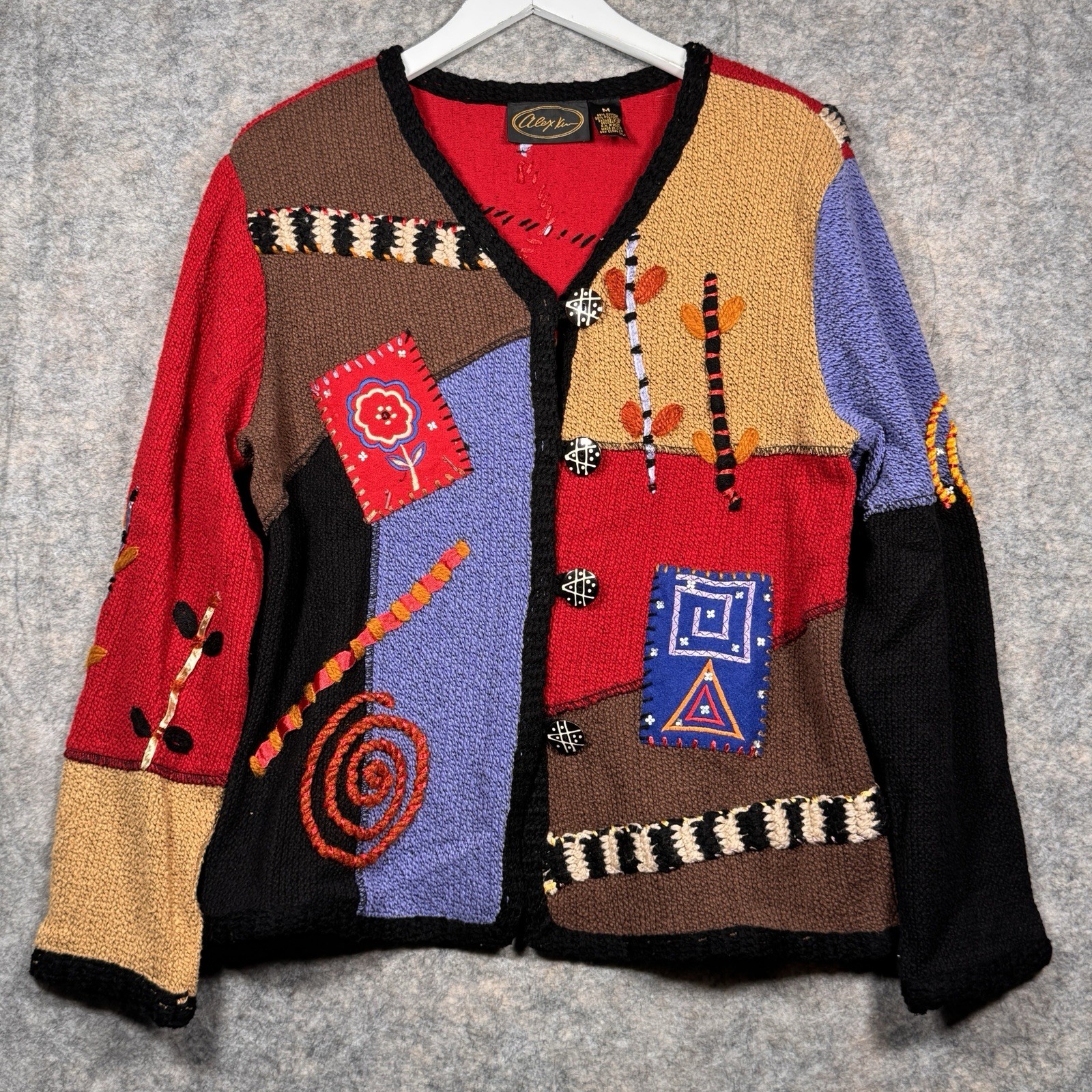 Vintage Alex Kim Knit Embroidered Cardigan Sweater Womens Size M 20×25 Patchwork