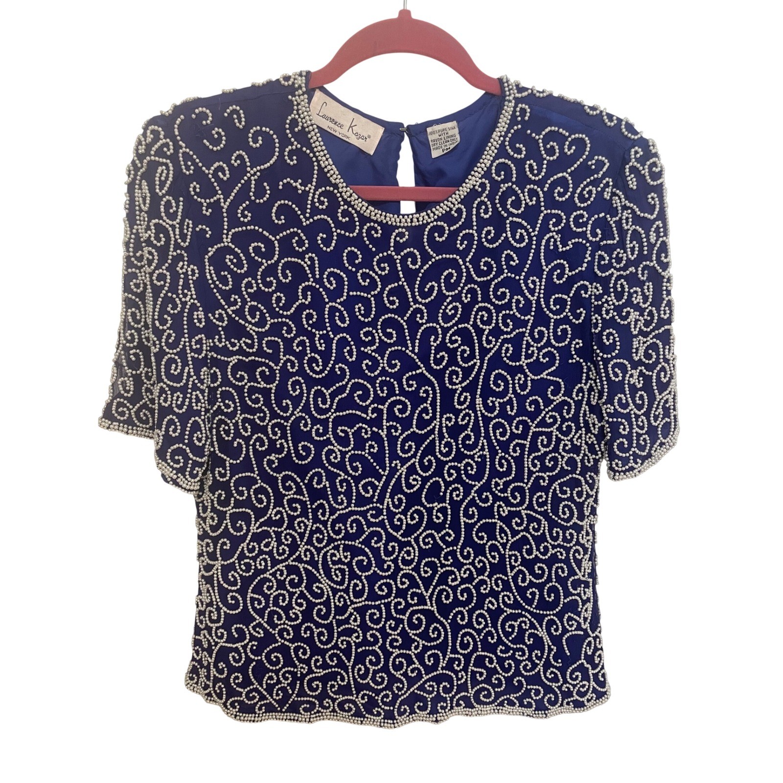 Vintage Faux Pearl Beaded Top Laurence Kazar Royal Blue 100% Silk PM