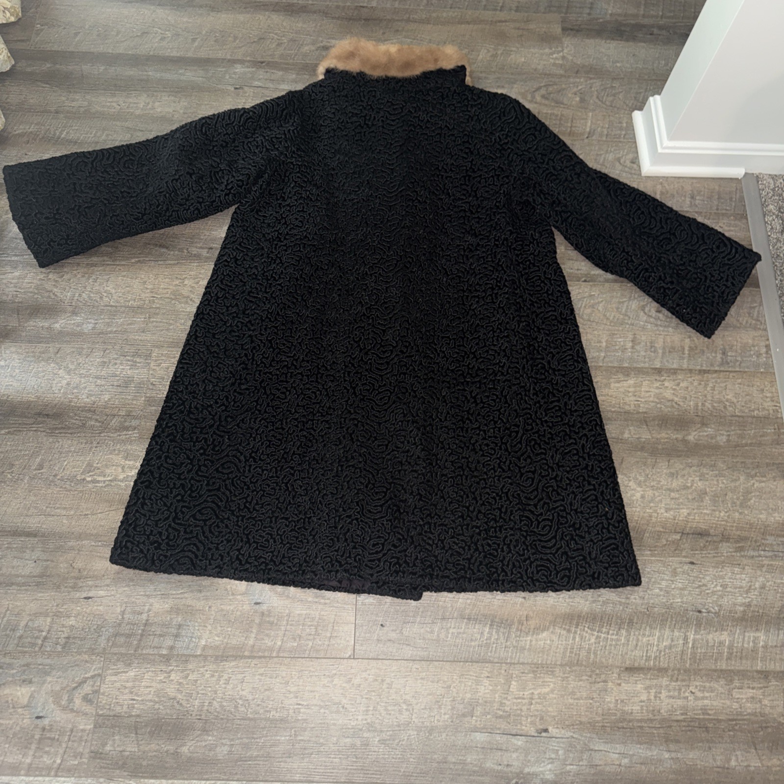 Vtg 50’s Astrakin Black Curly Persian Lamb Wool Swing Coat Mink Collar France L