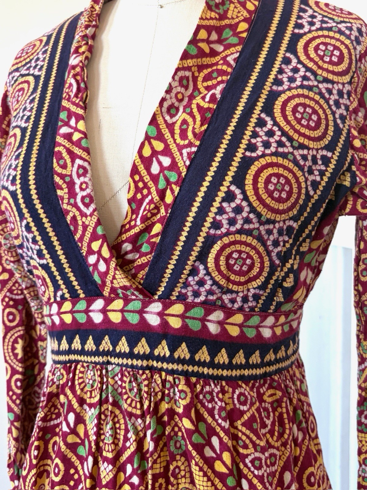60s 70s Artisan Printed Pakistani Cotton Boho Hippie Empire Waist Maxi Dress XS