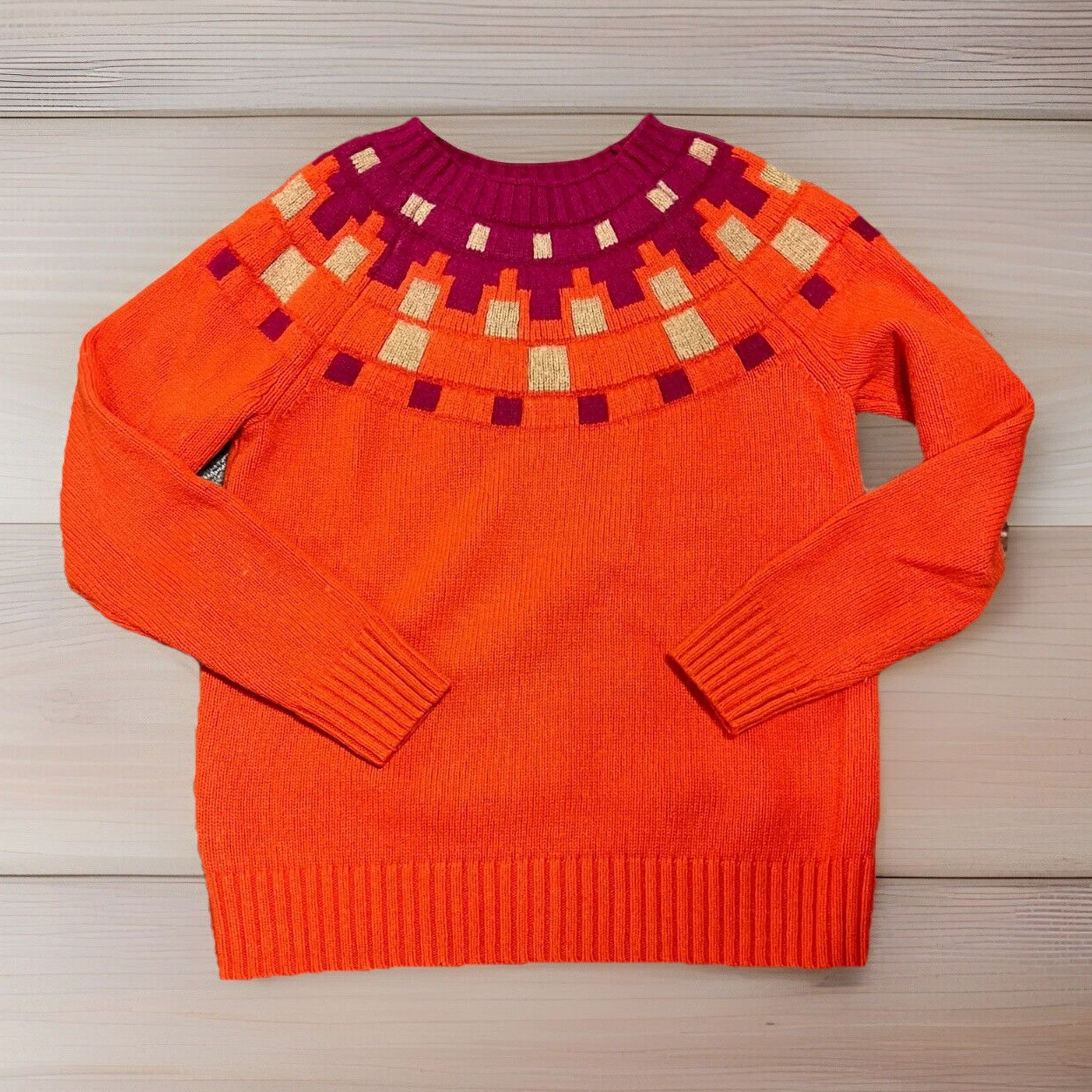 Vintage 90s Merino Wool Blend Fair Isle Aprés Ski Cottagecore Sweater Orange S