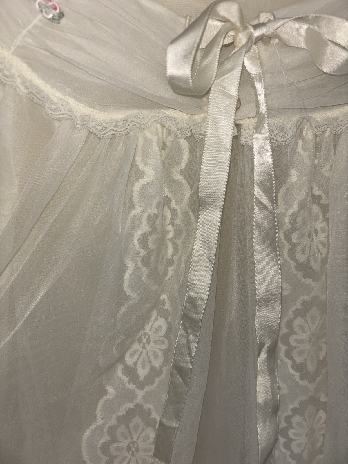 RARE VTG Evette Sheer Lace Bridal Peignoir Robe White 70s Boudoir Lingerie