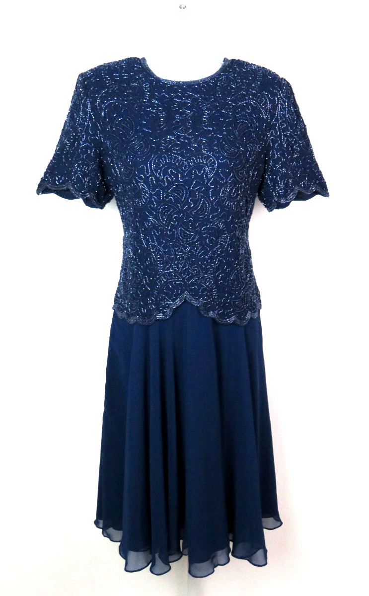 VTG 1980s BRILLIANTE BY JA BLUE BEADED DRESS SIZE PM POLY CHIFFON