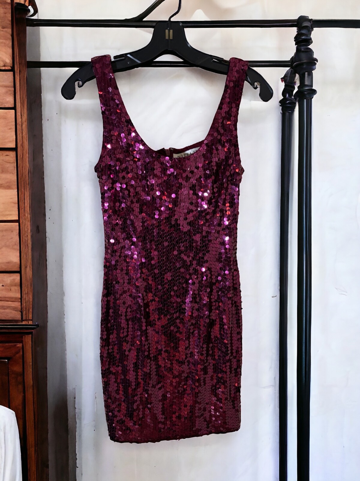Vtg 90s NITELINE Della Roufogali Dress 2 Purple SEQUIN Mob Wife MERMAID COCKTAIL