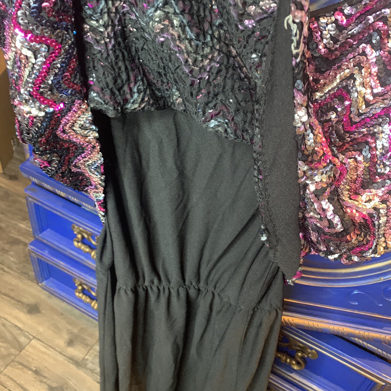 Vintage Sequin Dress Long Black Knit Pink Chevron Purple Kelli Kaye Large