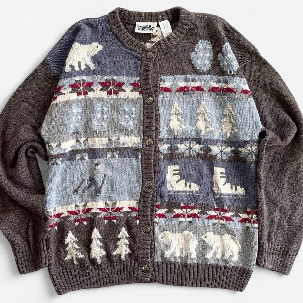 Vintage Northern Reflections Gray Knit Winter Polar Bear Cottage Cardigan XL 90s