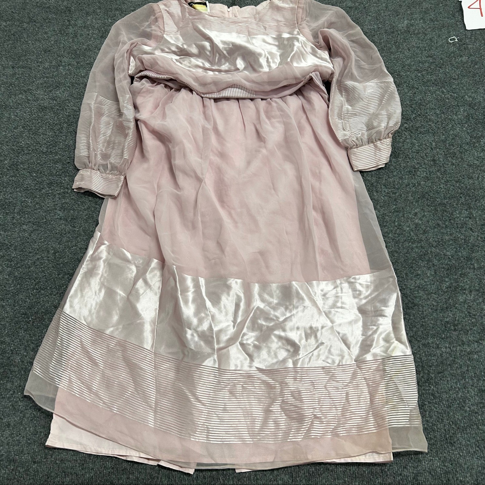 Vintage Dress Womens Size 16 Blush Pink Satin Chiffon Sheer Sleeve Midi Pleated