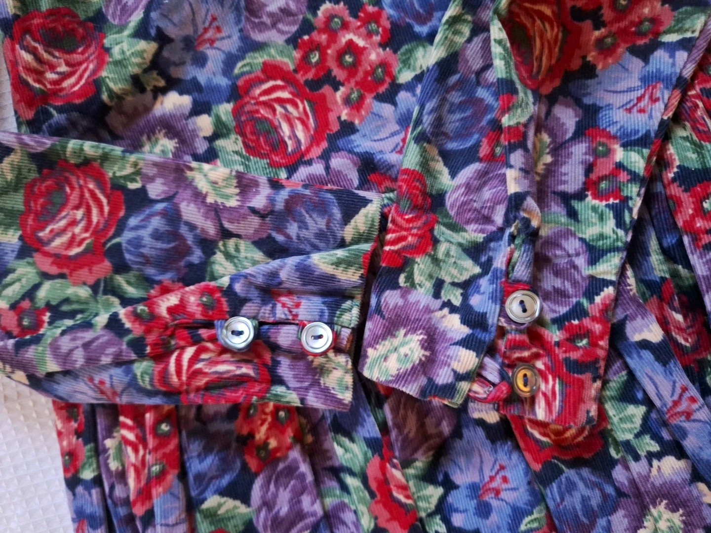 VTG 1990s Laura Ashley Blue Red Purple Floral Puff Sleeve Corduroy Dress 10