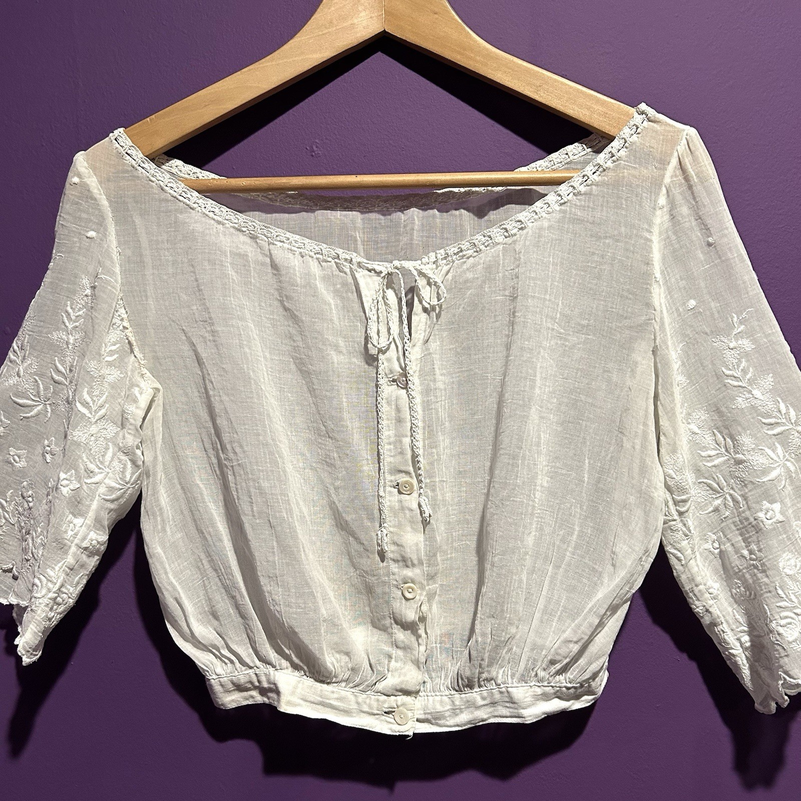 Antique Edwardian 1900s White Cotton Lawn Blouse Shirtwaist Embroidered Crochet