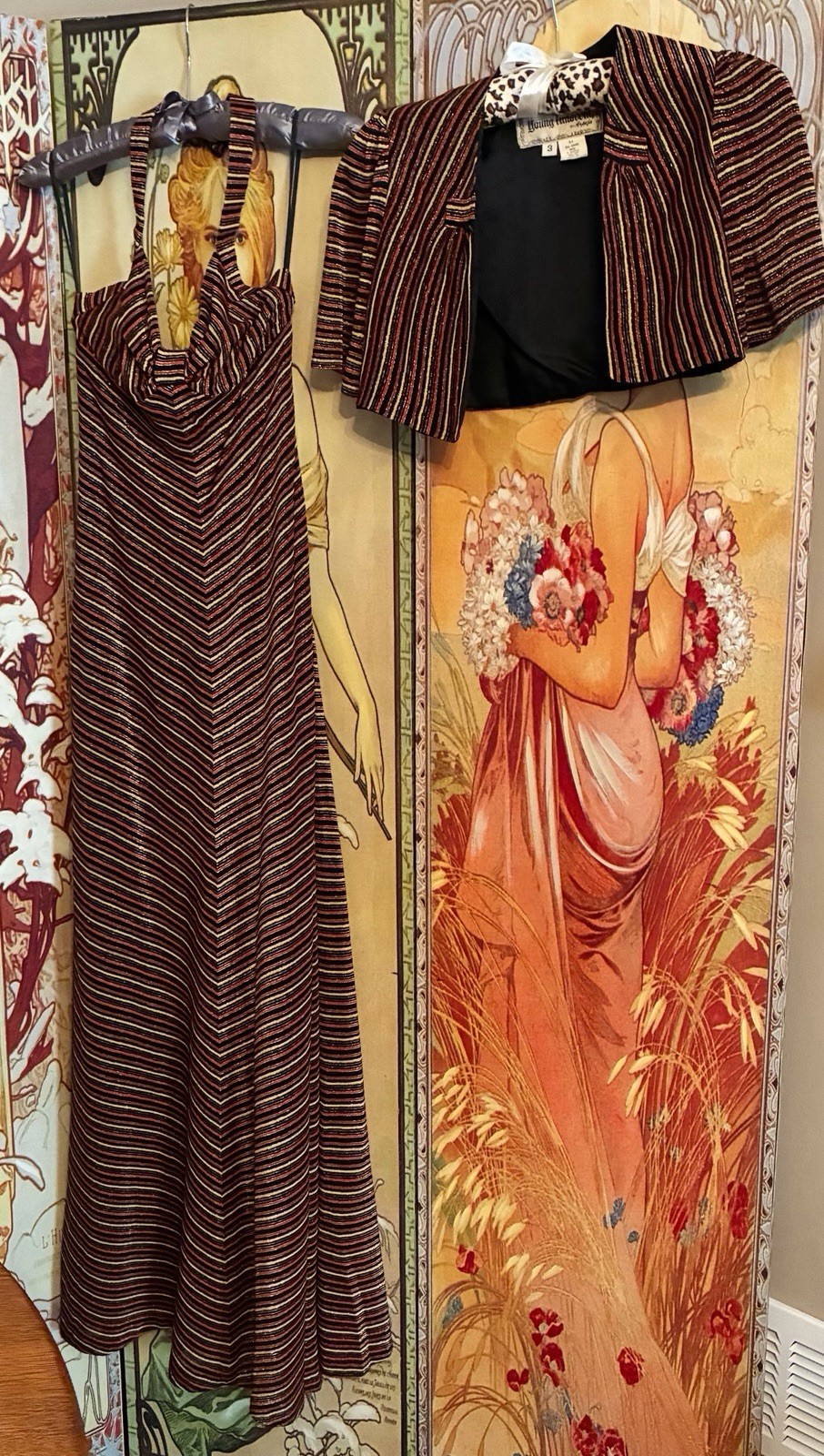 Vintage Young Innocent By Arpeja Gold Thread Halter Maxi Dress With Shrug Sz 3
