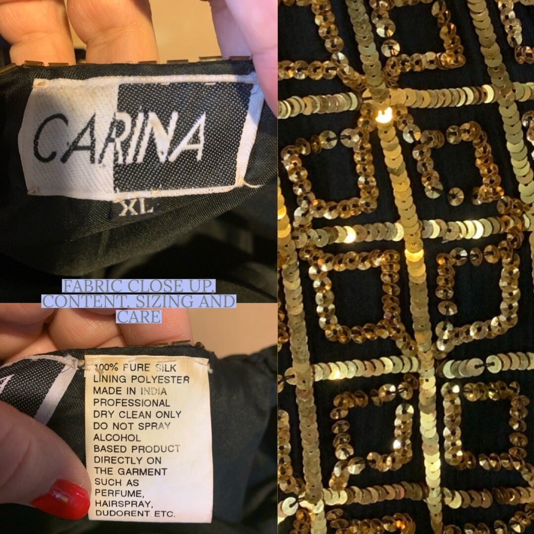 VINTAGE 1980’S CARINA BLACK & GOLD SEQUINS SILK JACKET SIZE XL