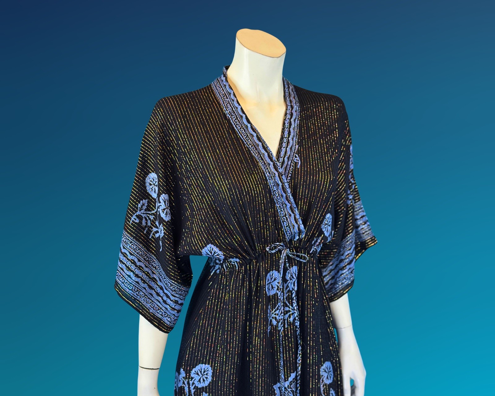 90s Gold Metallic Stripe Black and Blue Rayon Kaftan Dress | S M
