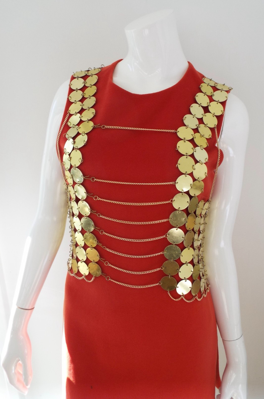 Vintage 1960s Gold Tone Metal Disc Chain Mail Vest Top & Skirt Dress Paillette