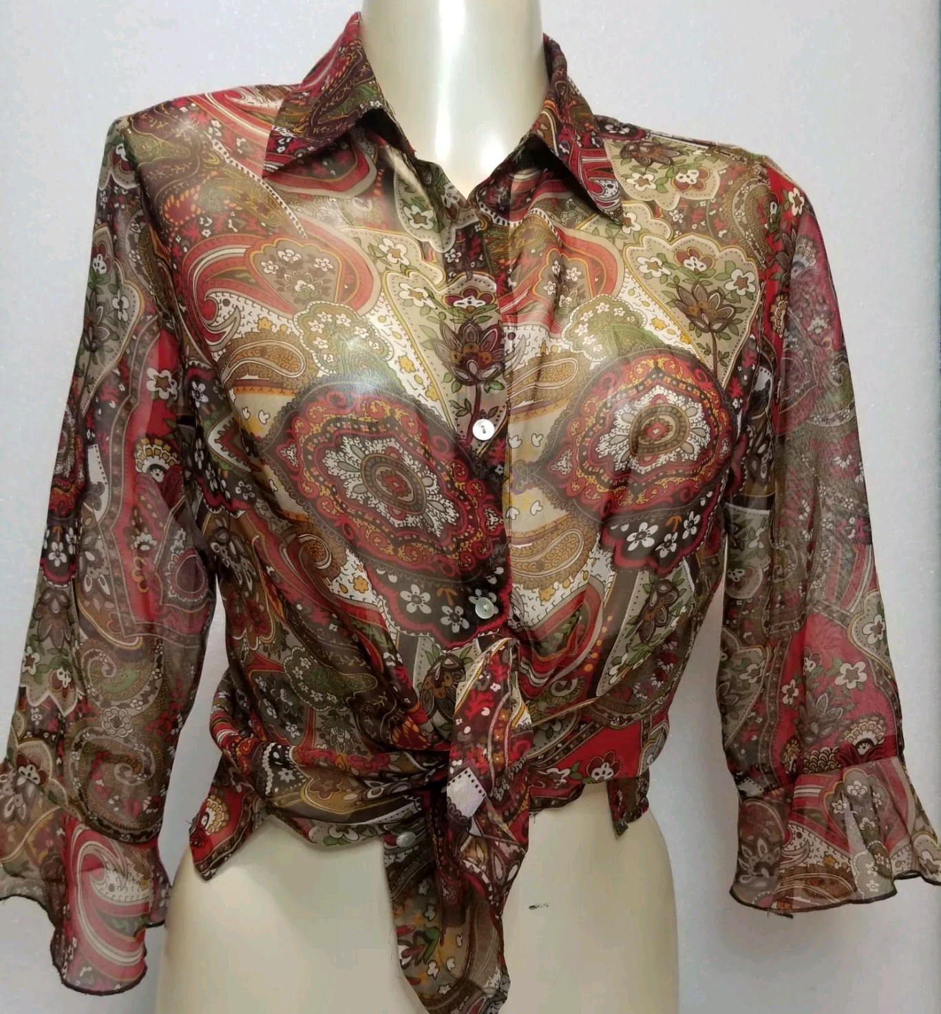 Vintage Chiffon Blouse Floral 3/4 Sleeve size Small