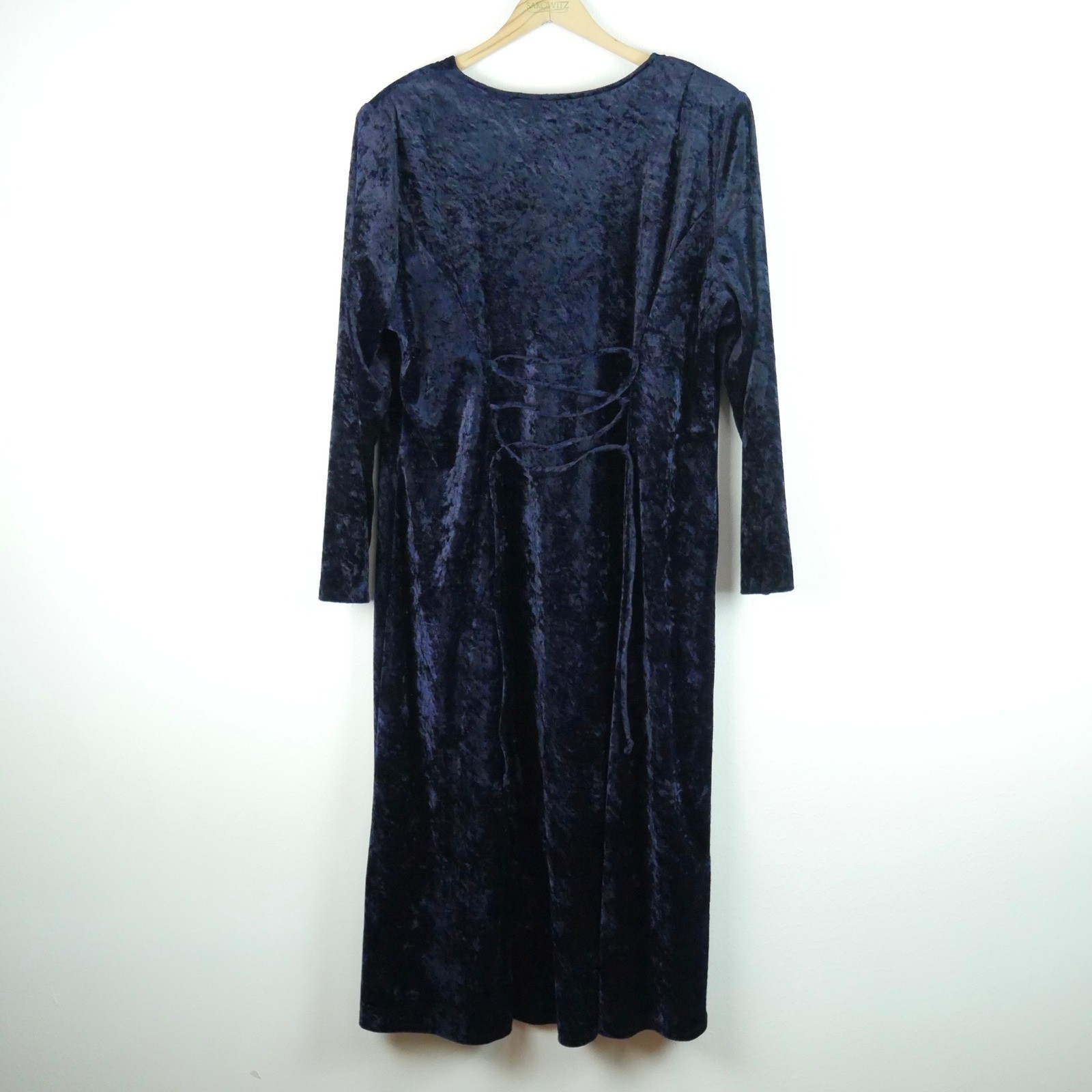 Vintage 90s Navy Blue Crushed Velvet Midi Dress 90s Whimsigoth Goth Lace Up 18W