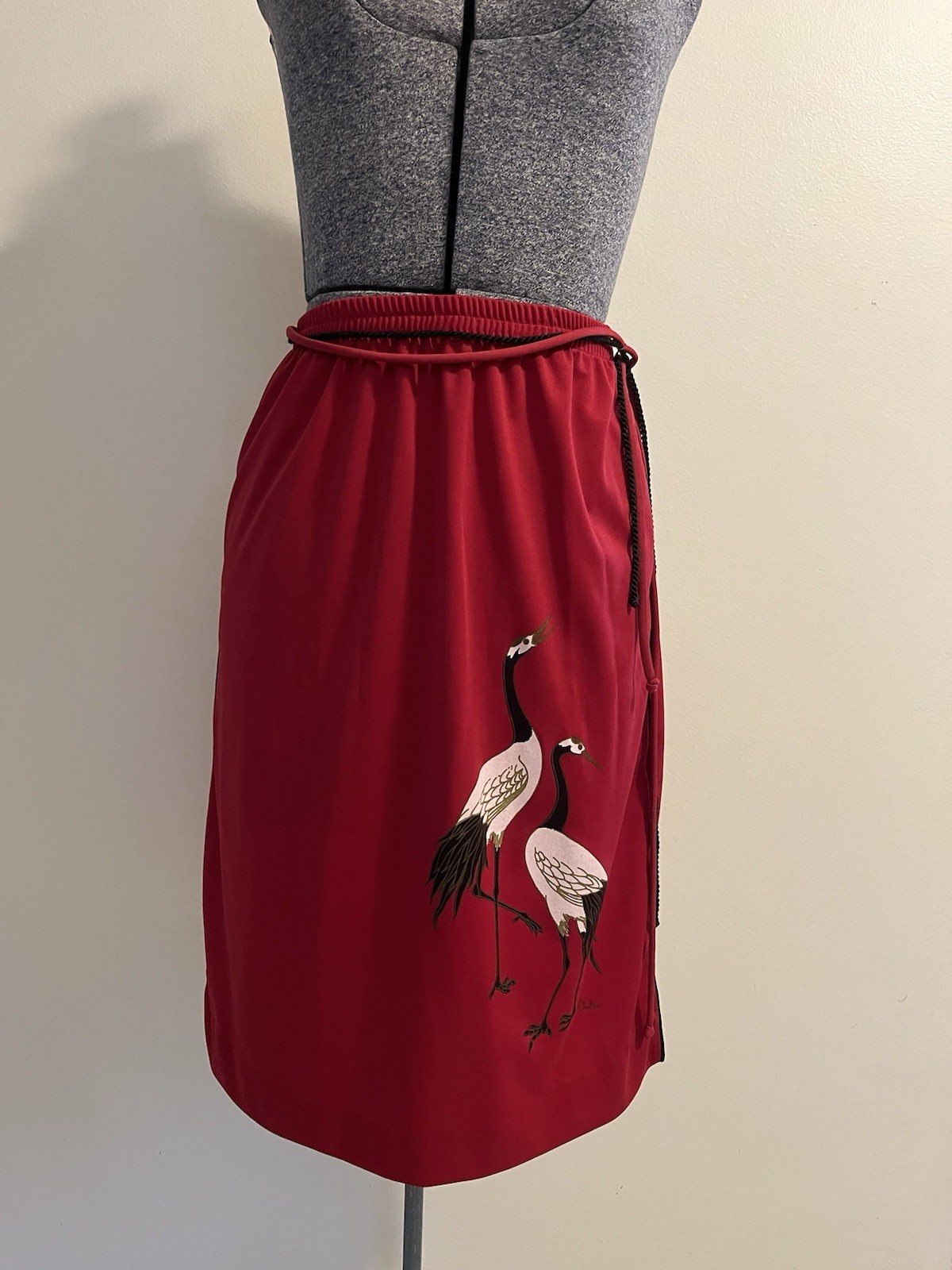Miss Shaheen Hawaii 70s Crane Top & Skirt Set Black Trim Asian Print Birds