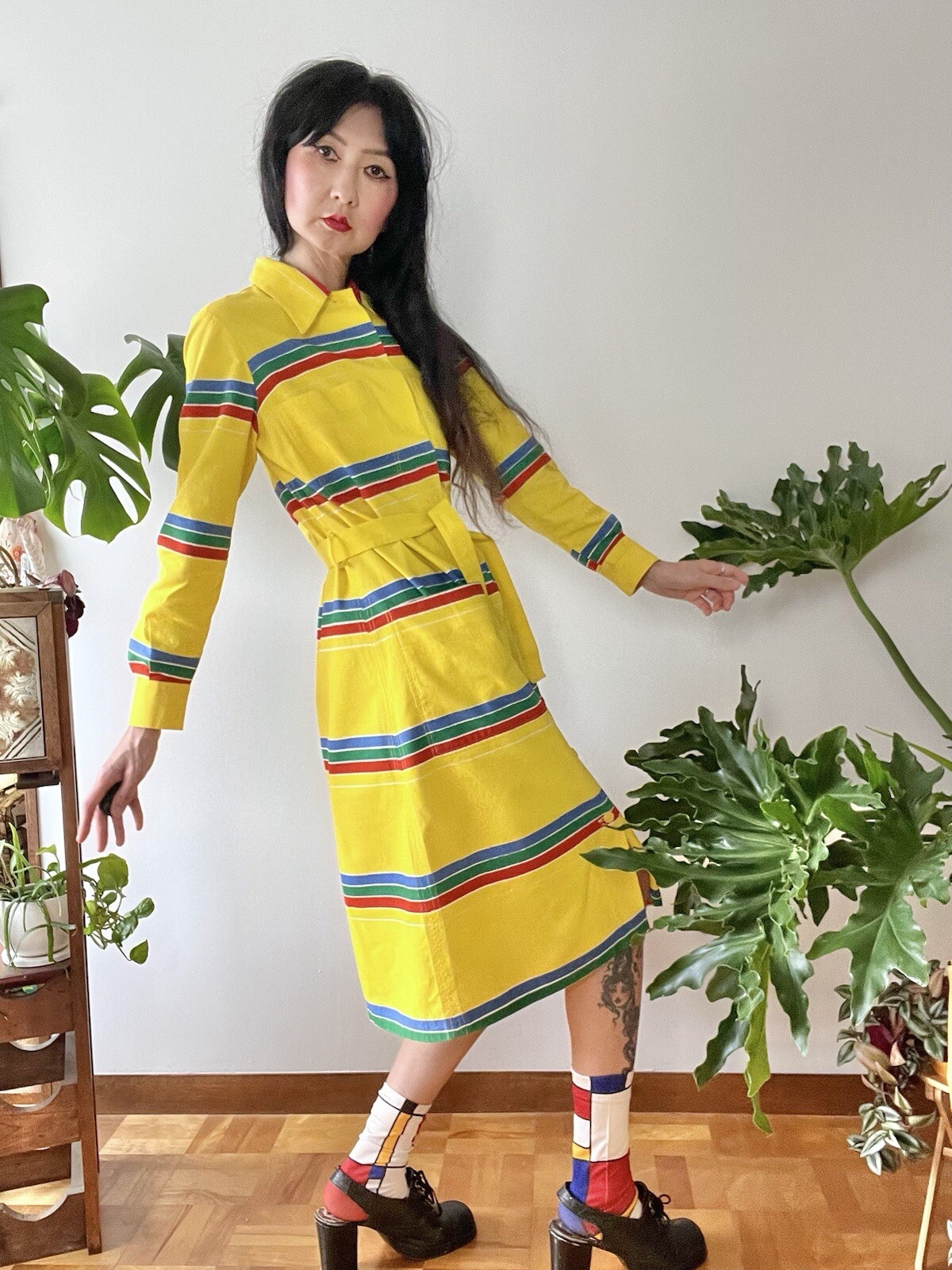 1974 Marimekko Anti by Pentti Rinta Primary Colors Stripe Dress S/M MOD Pop Art