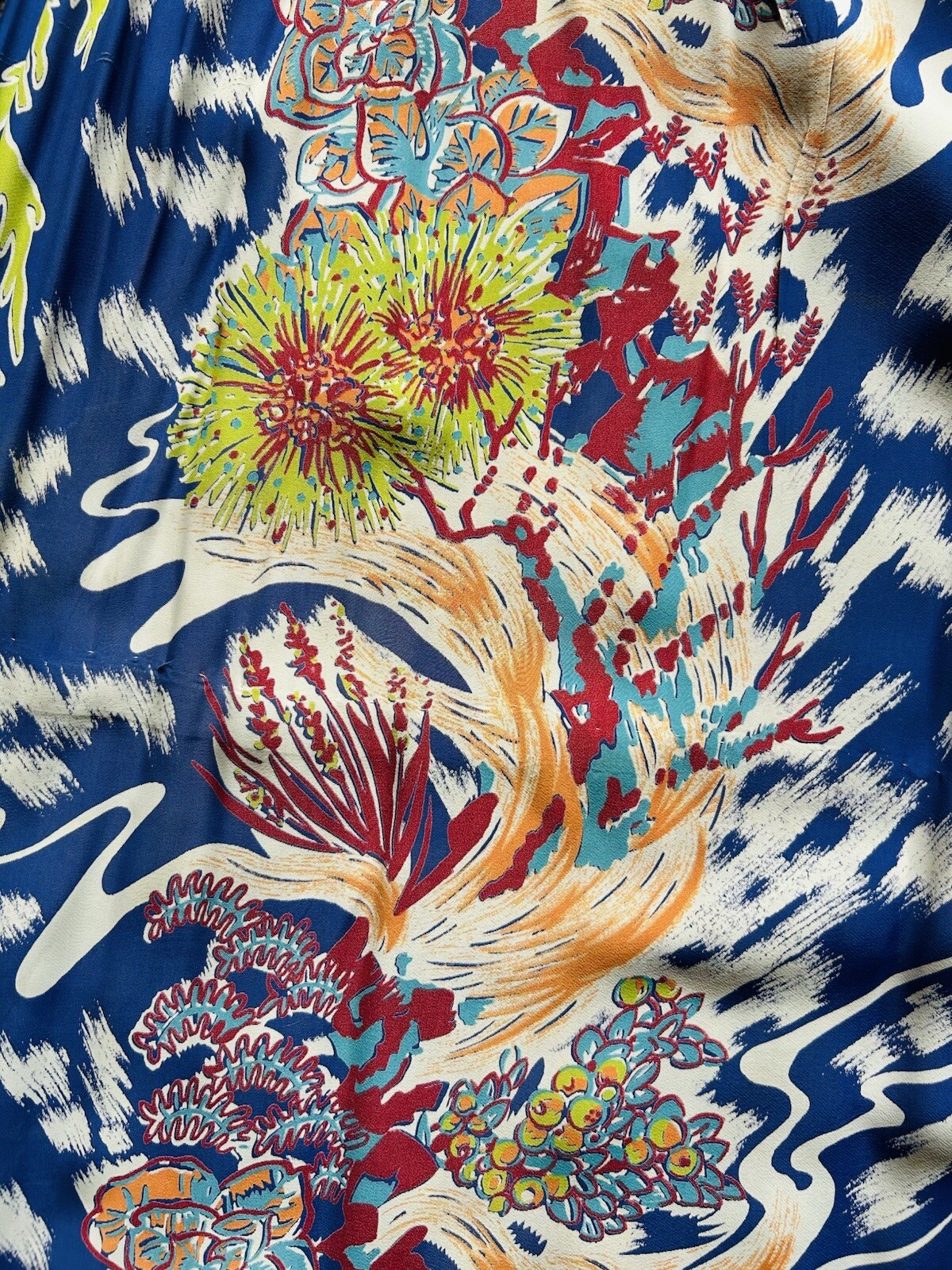 Vintage 1940s 40s Cold Rayon Wild Psychedelic Floral Hawaiian Dress Tiki Oasis