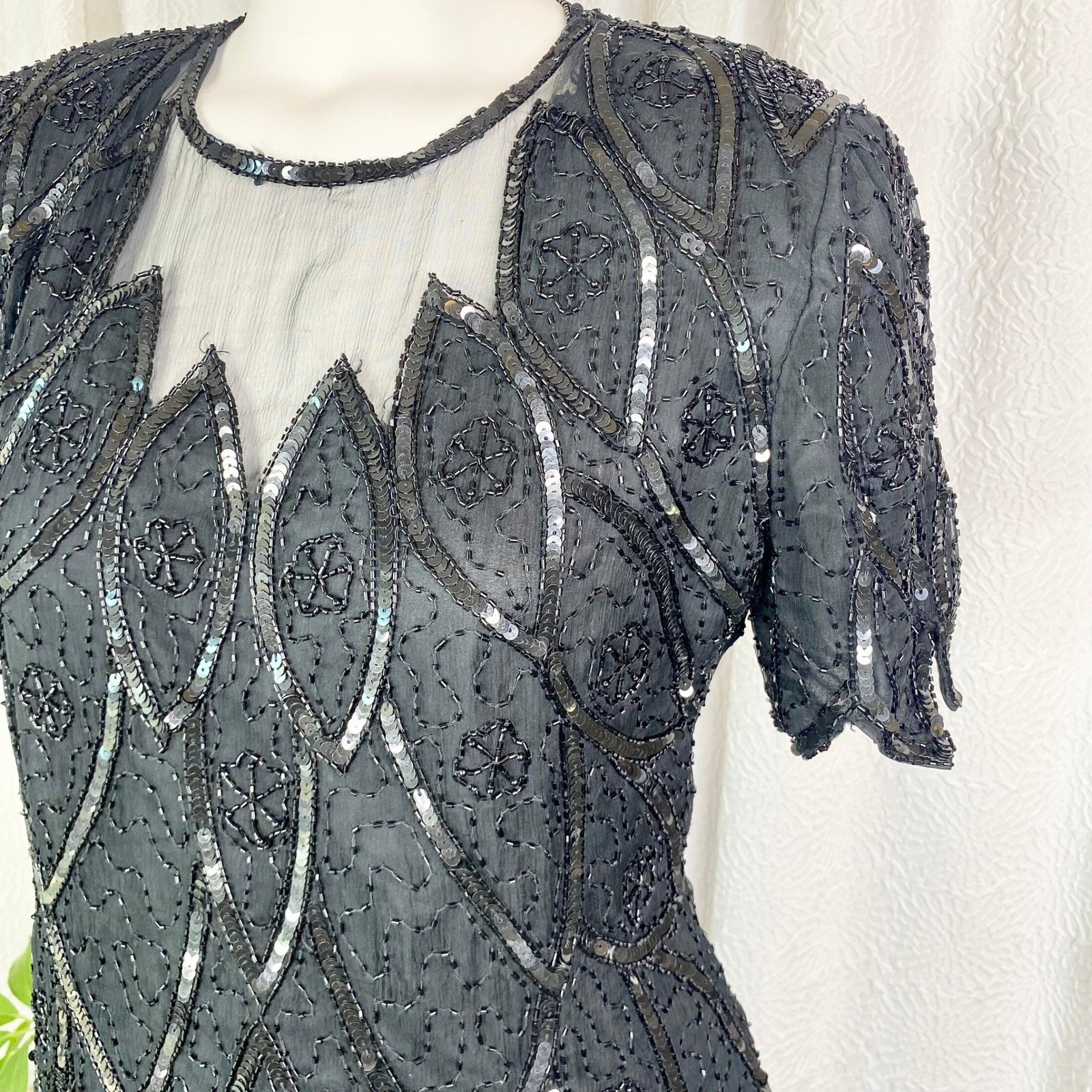 Vintage 100% Silk Black Sequin Top, Beaded Embellished, Size Medium