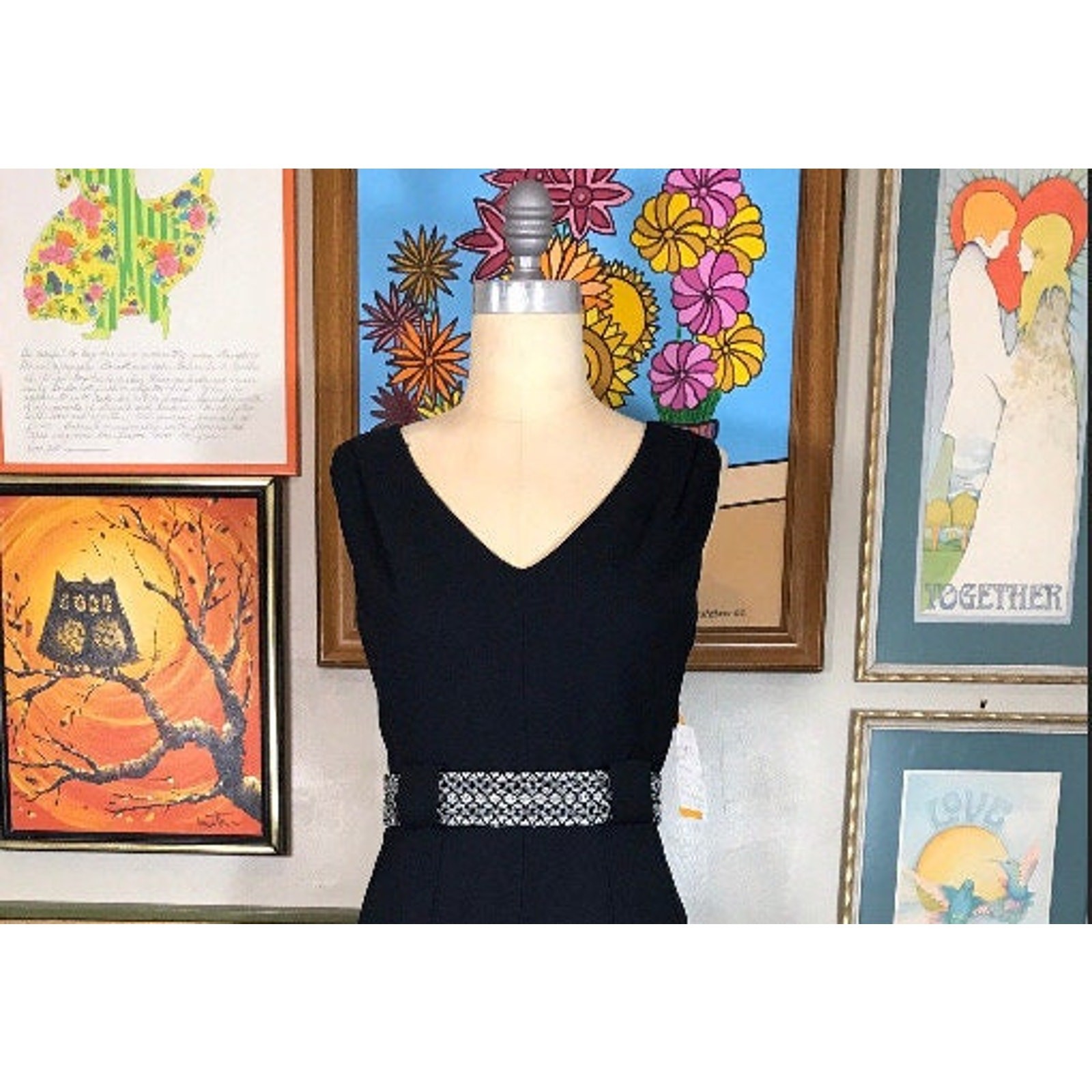 Late Edition Ltd 1990s Black Car Wash Dress V-Neck Silver Weave Belt Slit Skirt