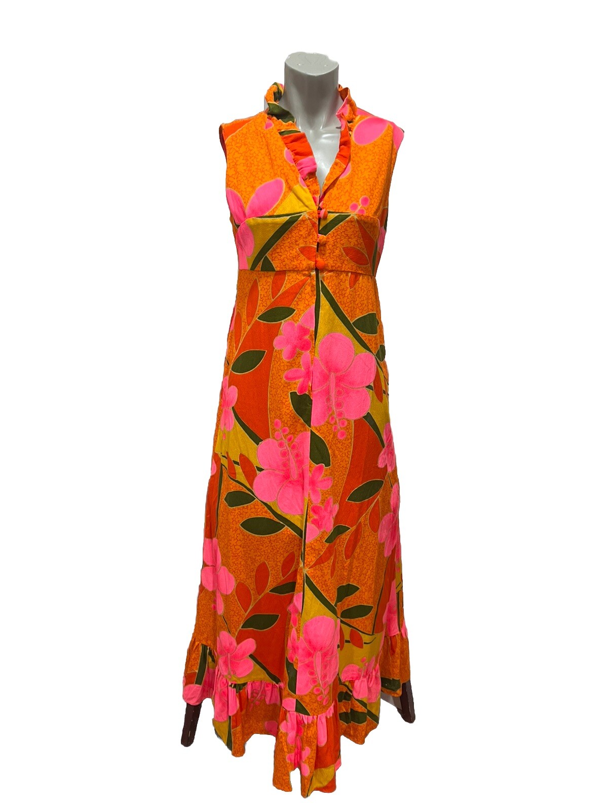 Hukilau Fashion Vintage Bright Floral Barkcloth Maxi Hawaiian Dress M?Ruffled.