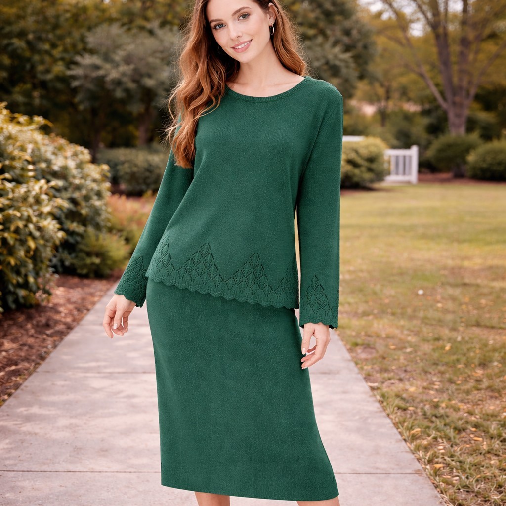 Vintage 80s JFJ Knits Green Knitt Pointelle Sweater and Skirt Set Long Sleeve L