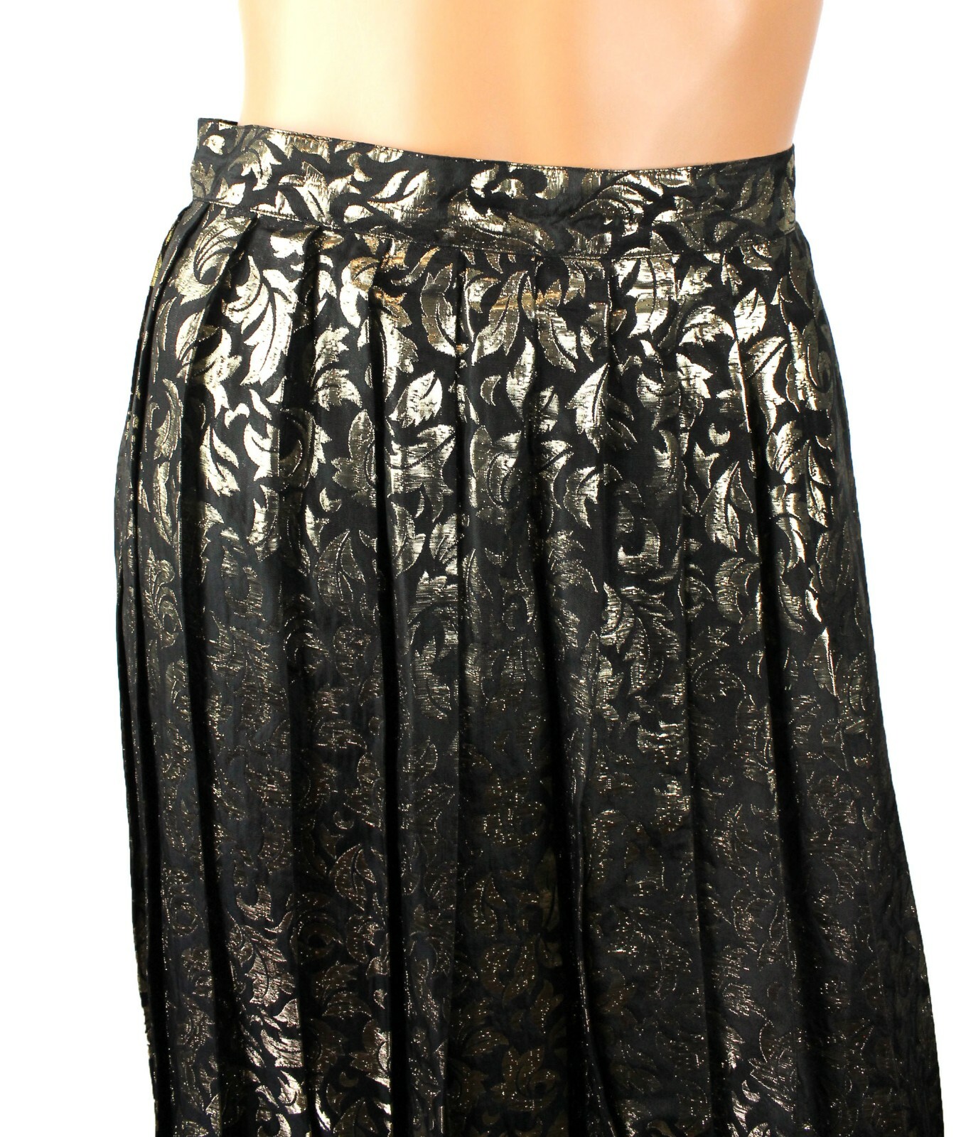 Vintage Pleated Skirt Sz S Long Black Metallic Gold Leaf Brocade Appleseeds Maxi