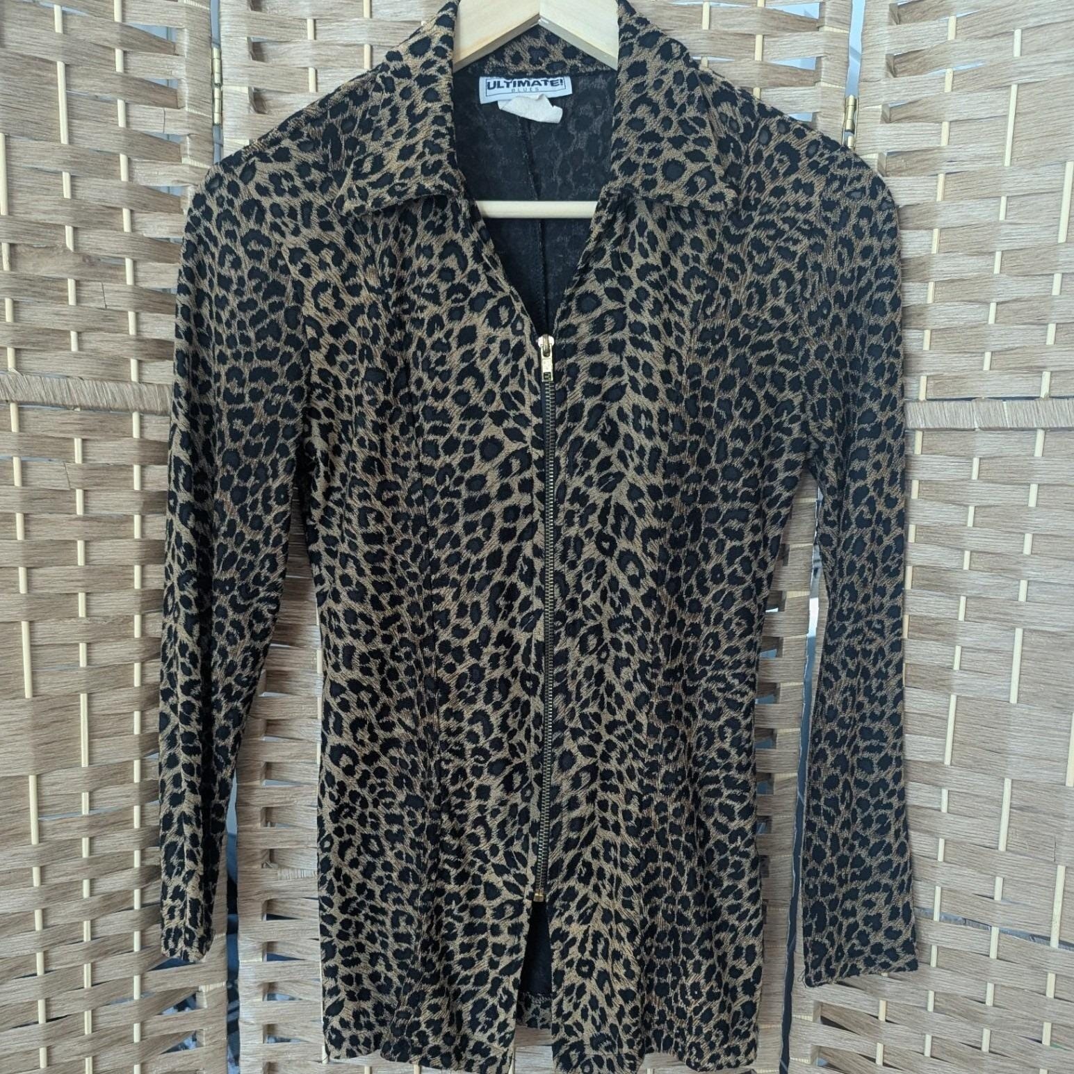 VTG Y2K Burnout Leopard Print Zip Front Long Sleeve Fitted Blouse Top Mall Goth