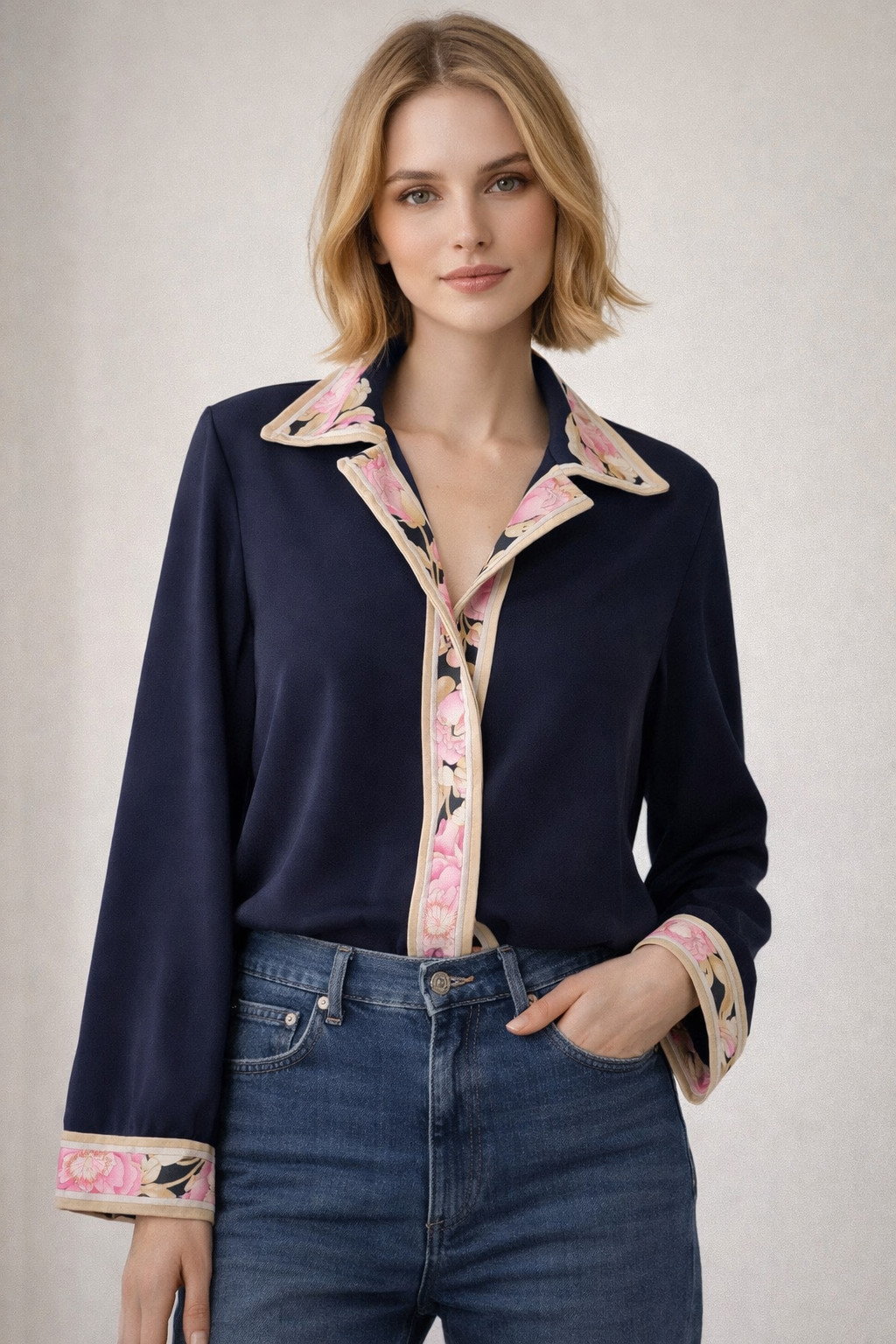 Vintage Leonard Paris Silk Jersey Blouse Size S Floral Trim Navy Blue Luxury