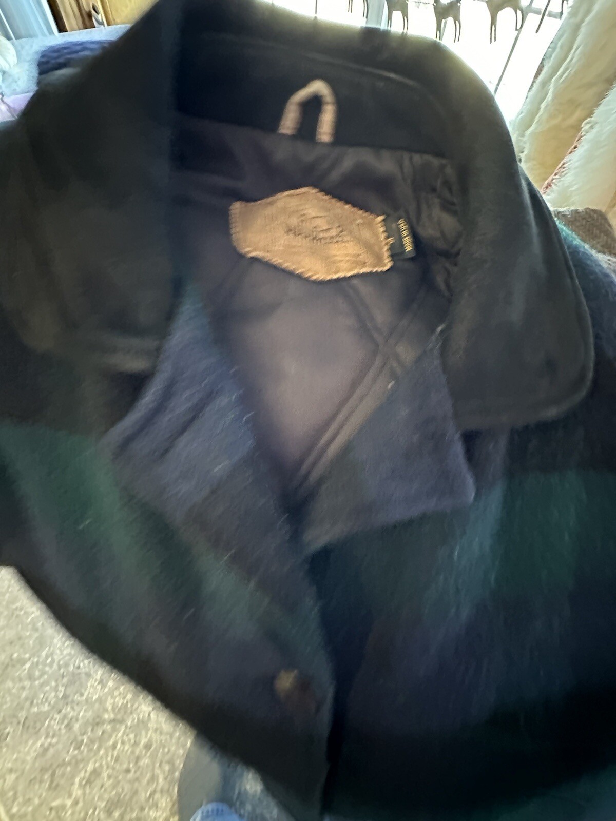 Woolrich Plaid Wool Coat, Leather Trim Size S Large Pockets, USA Vintage Women’s
