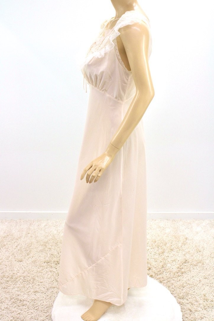 Vtg 1940s Long Slinky Nightgown Bias Cut Satin Nylon sz 34 Pink Art Deco Glam