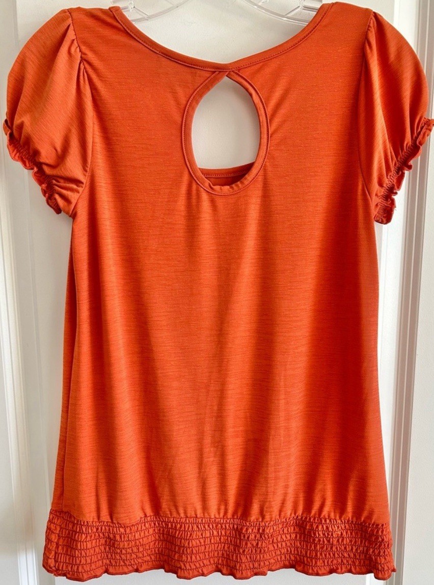 Vintage 90s IZ BYER Orange Babydoll Top Size M Ruffle Cap Sleeves Elastic Waist