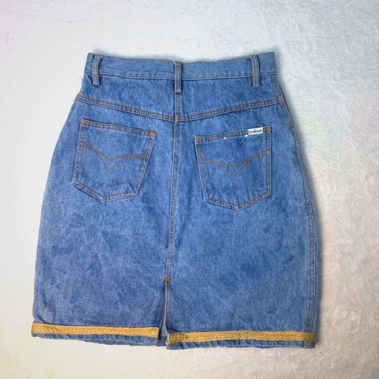 Vintage Y2K Bonjour Denim Mini Skirt Light Wash Rope Trim Button Sz 16 27W
