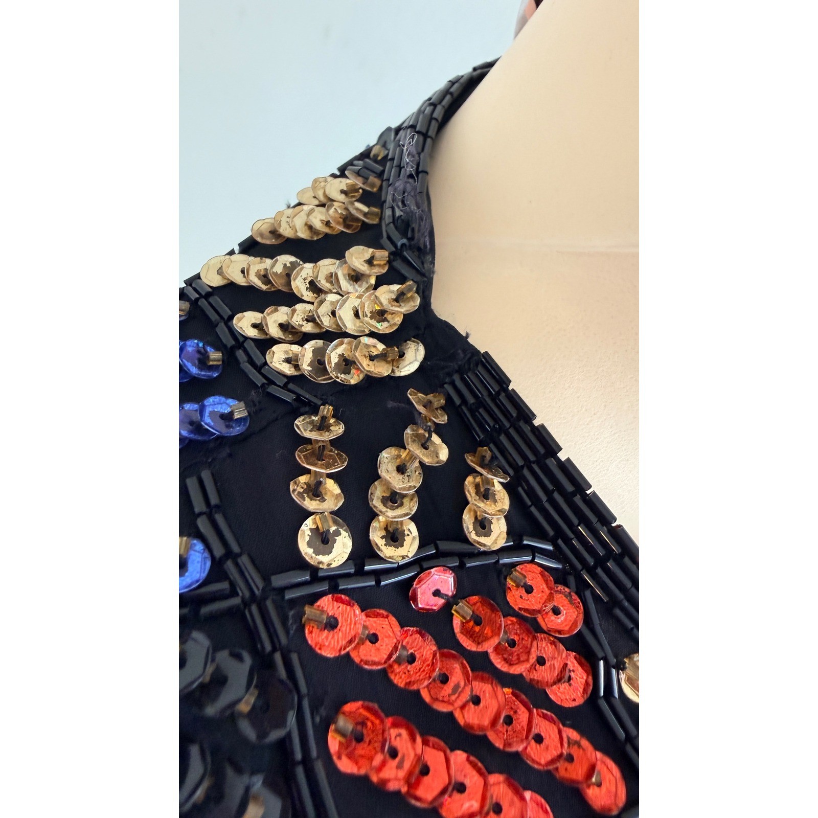Vintage 80s Laurence Kazar Sequin Beaded Silk Jacket Black Red Blue Gold Small