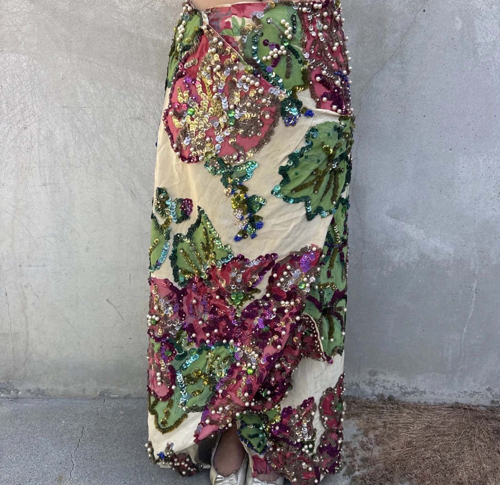 Vintage 1930s Painted Skirt Rhinestones Beading Pearls Flower Showgirl Burlesque