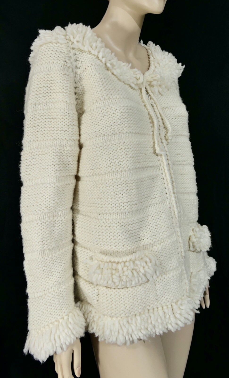 Vintage 70s Mod Hippy White Fringe Machine Wash Wool Sweater Jacket Equador M/L