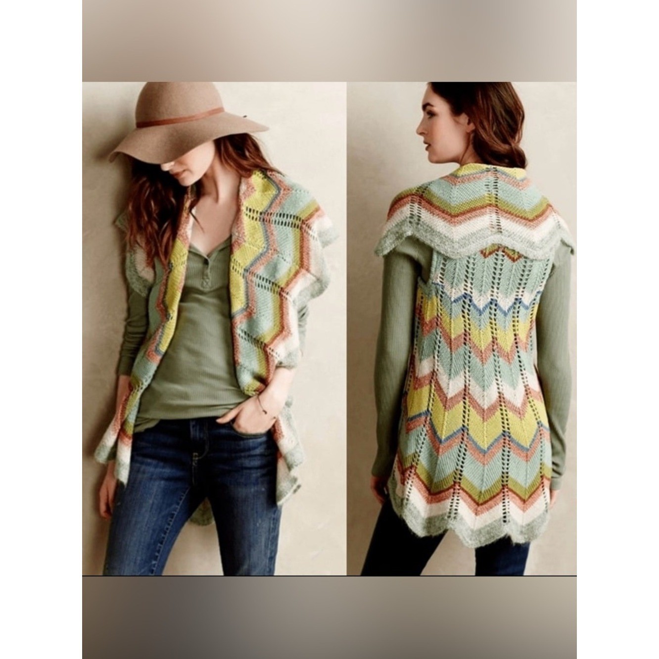 Anthropologie Rosie Neira Pastel Chevron Knit Open-Front Vest Size S