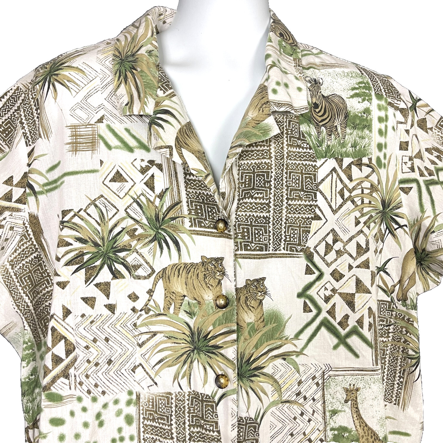 Tapestry Womens Vtg Safari Button Blouse size 3X 57×27 Animals Palms Tribal USA