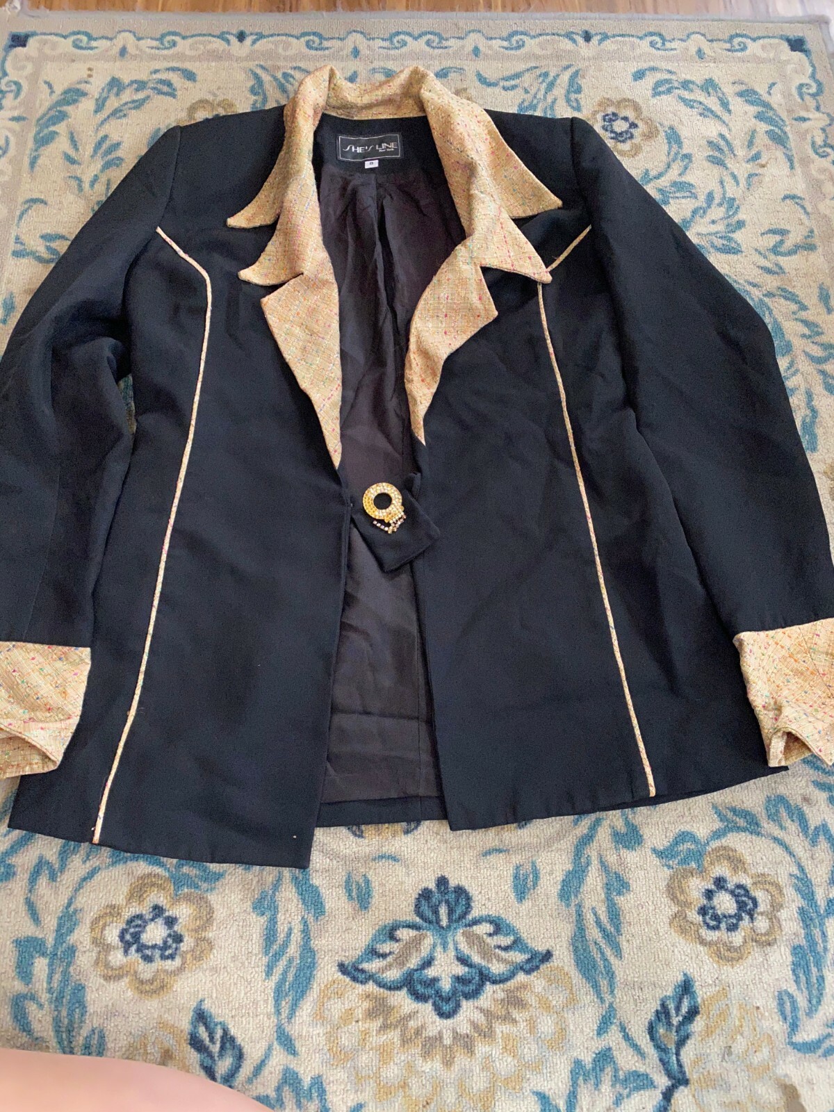 She’s Line New York Women’s Vintage Blazer Black and Gold Collar Multicolor Sz 8