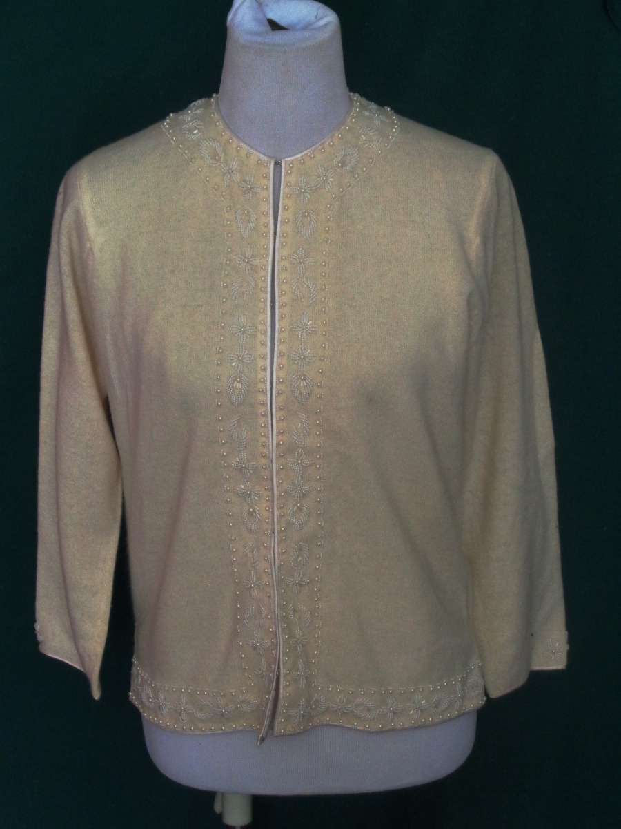 Vintage Beaded Cream Sweater Cardigan Stephen Lo Cashmere Angora 40