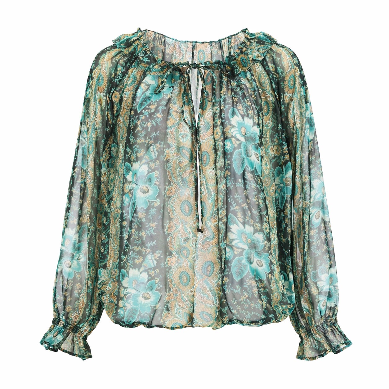 Womens Vintage Sheer Floral Poet Blouse Teal White ruffled Collar Designer