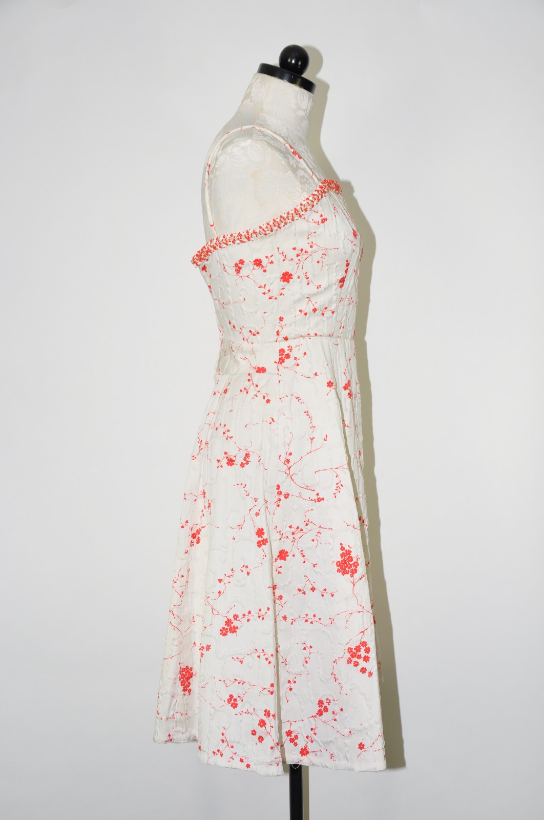50s Vintage White Red Cherry Blossom Beaded Straps Full Skirt Day Dress Women XS