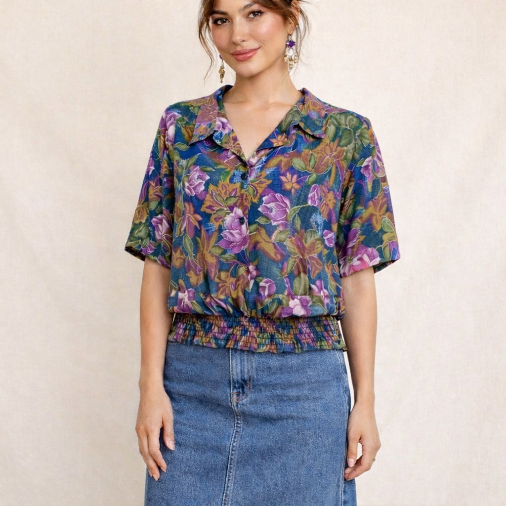 Vintage Lauren Lee Floral Cottagecore Fairy Boho Silky Short Sleeve Blouse L