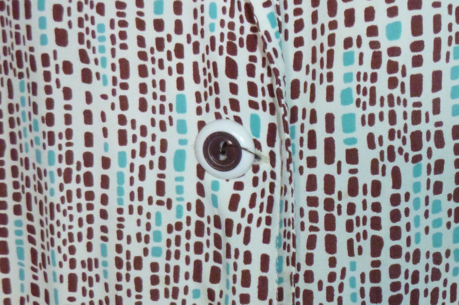 Vtg 40s 50s Cay Artley Rayon Shirt Dress Brown Aqua Geometric VOLUP Sz XL