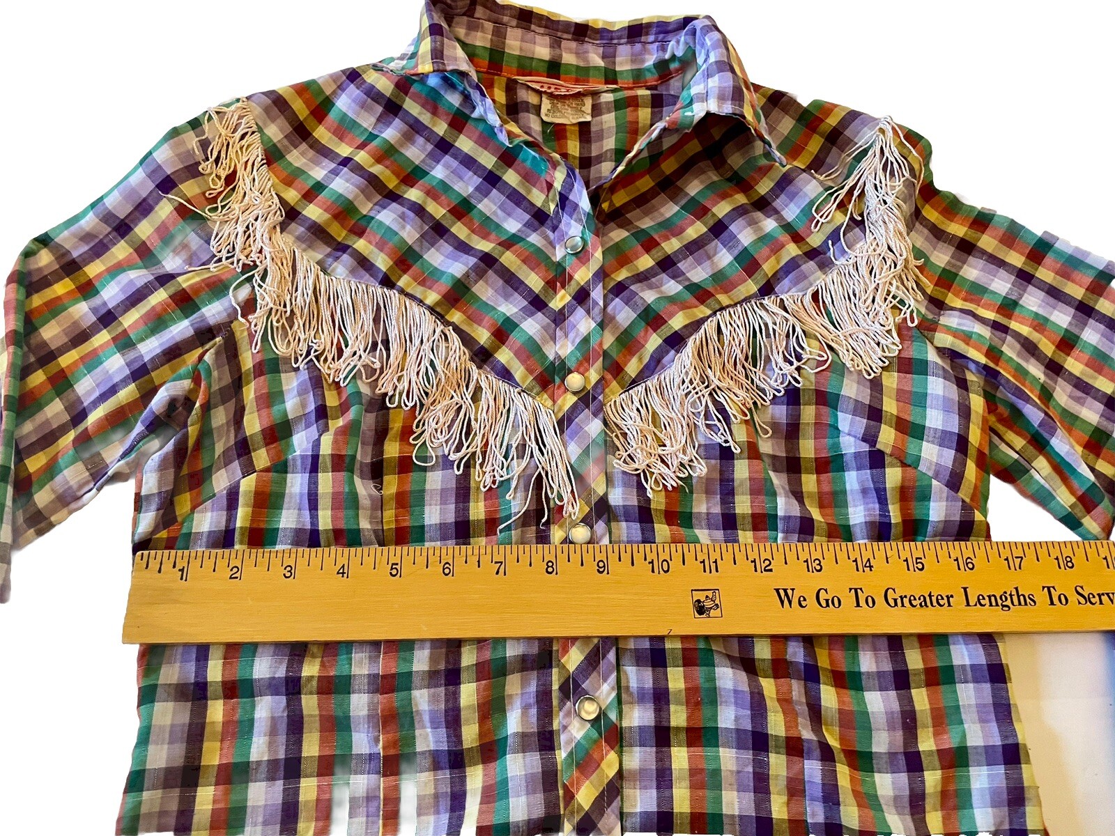 Vintage 70s H BAR C California RANCHWEAR Shirt Women 34 Plaid Fringe Pearl Snap