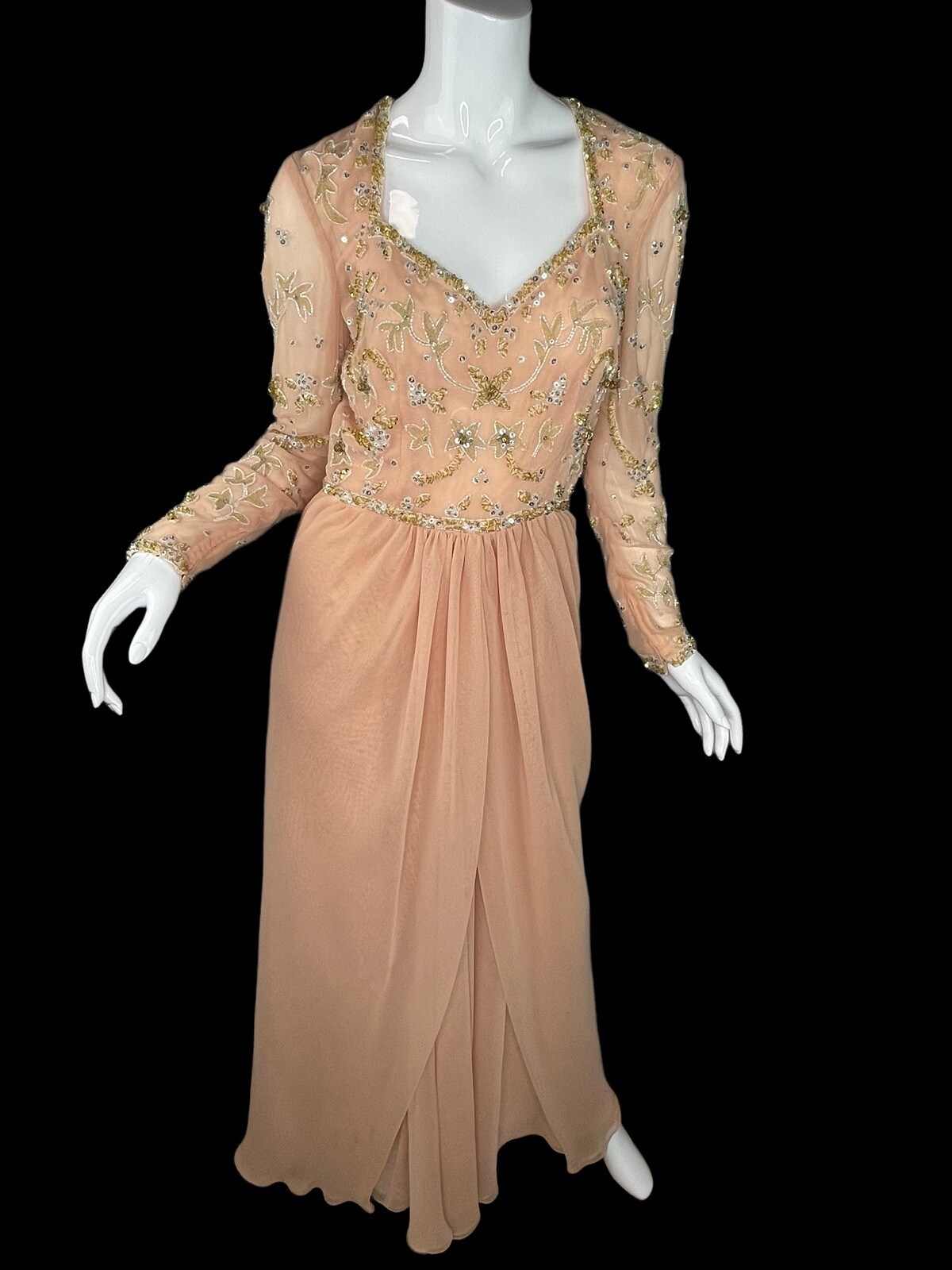 Vintage 80’s Allison George Neiman Marcus Chiffon Beaded Gown Blush Nude Sz 10