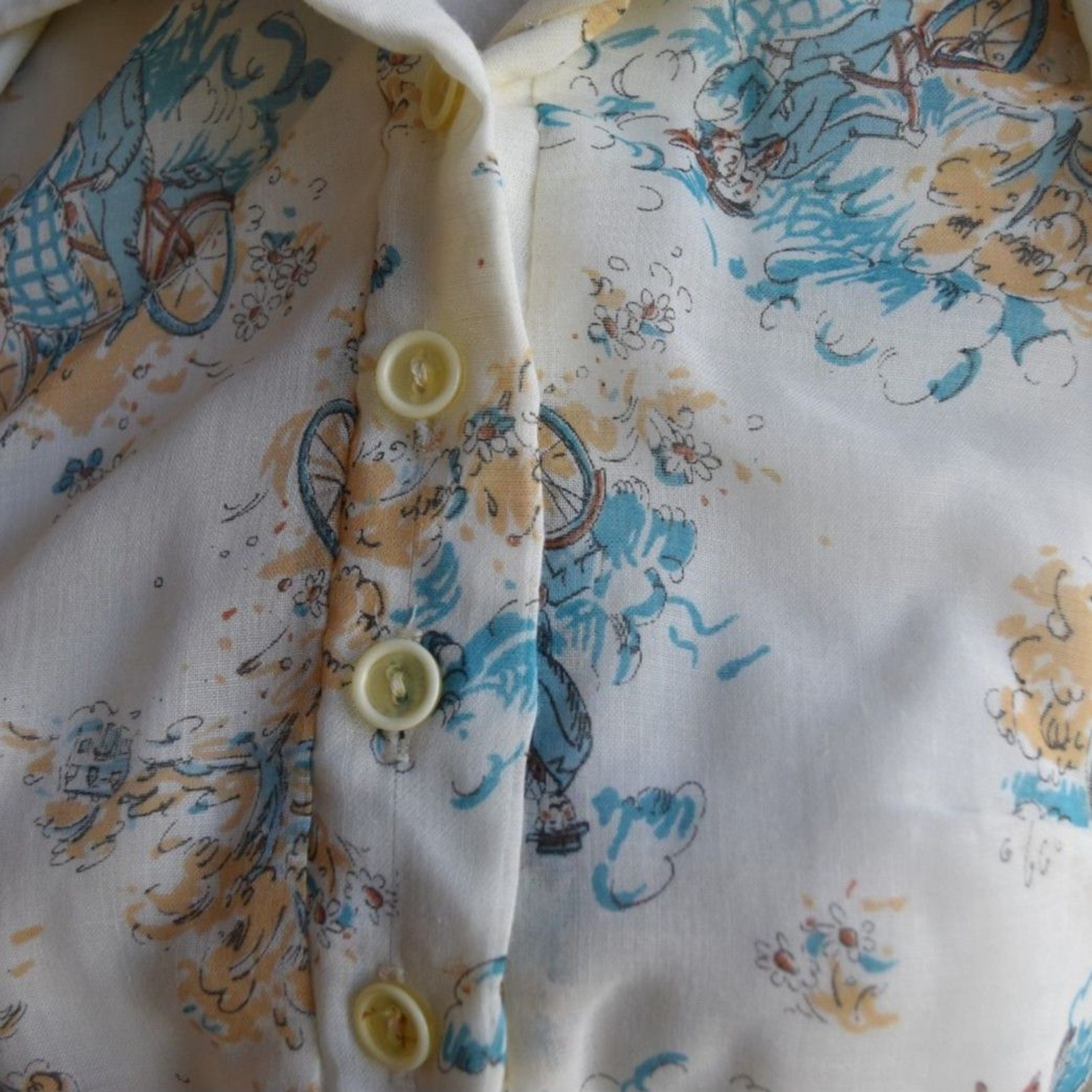 Vintage 70s 2 Pc Blouse Jacket Set Cream Blue Floral Sleeveless Tie Waist S