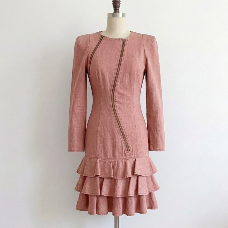 Vintage 80s 90s Asymmetrical Zipper Dress Ruffles Wash Artsy Designer Cotton