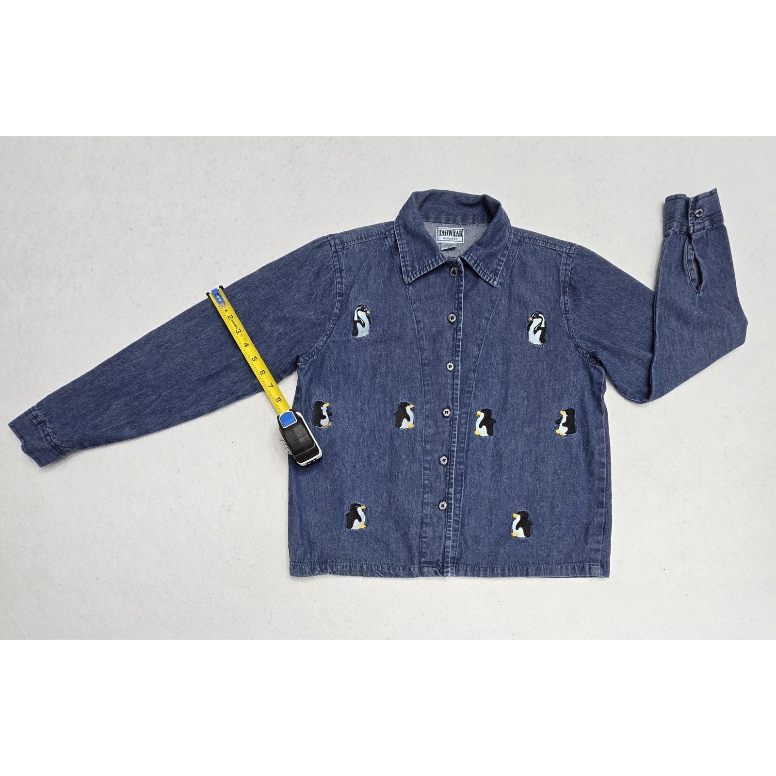 Tagwear Worldwide Vintage Blue Denim Penguin Embroidered Button Down Shirt Med