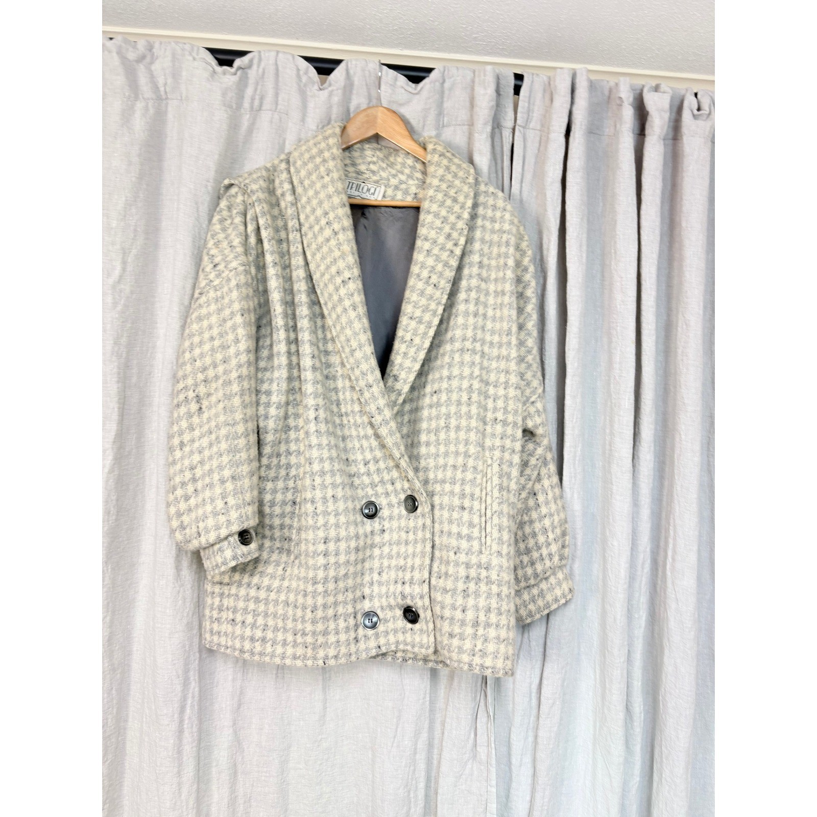 Vintage Trilogi Pure Wool Houndstooth Coat Double Breasted Shawl Collar USA Made
